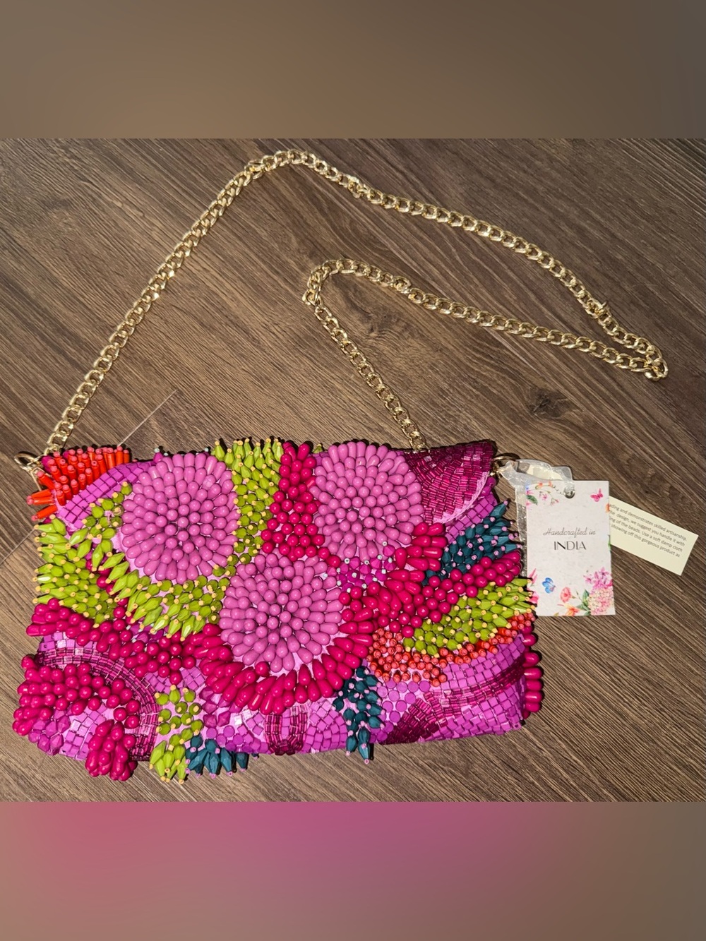 Viral Beaded Bag Floral Sequin RareNWT Unique Multicolor Trendy Purse Gold Chain